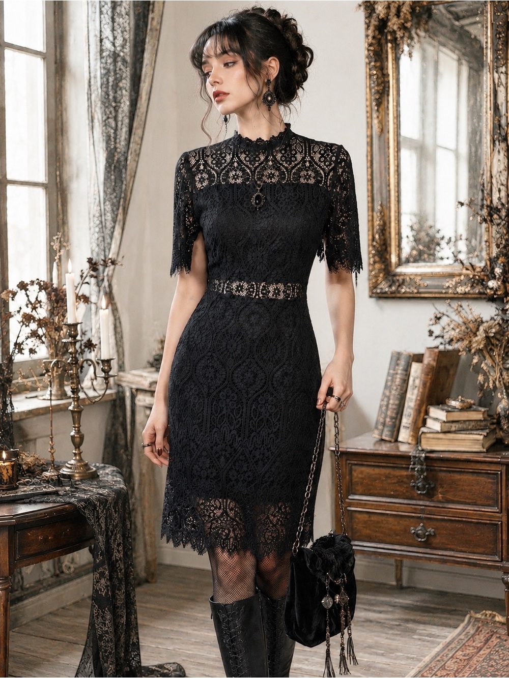 Black Lace Gothic Victorian Dark Academia Whimsigoth Cocktail Dress 6
